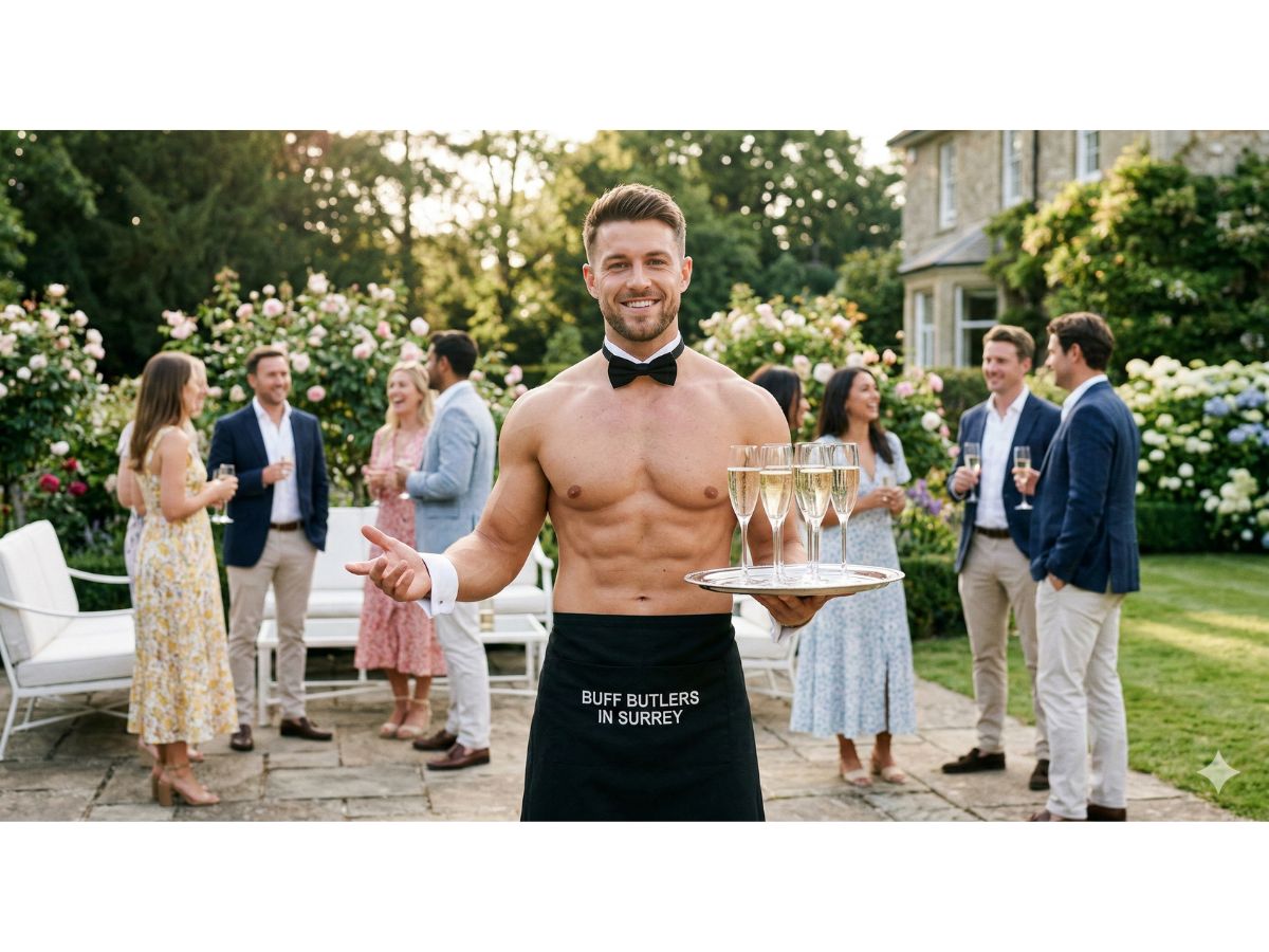 Buff butler serving drinks at a birthday party in Surrey