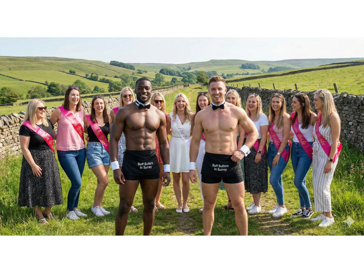 Butlers in the buff at a outdoor hen party in Sunbury-on-Thames