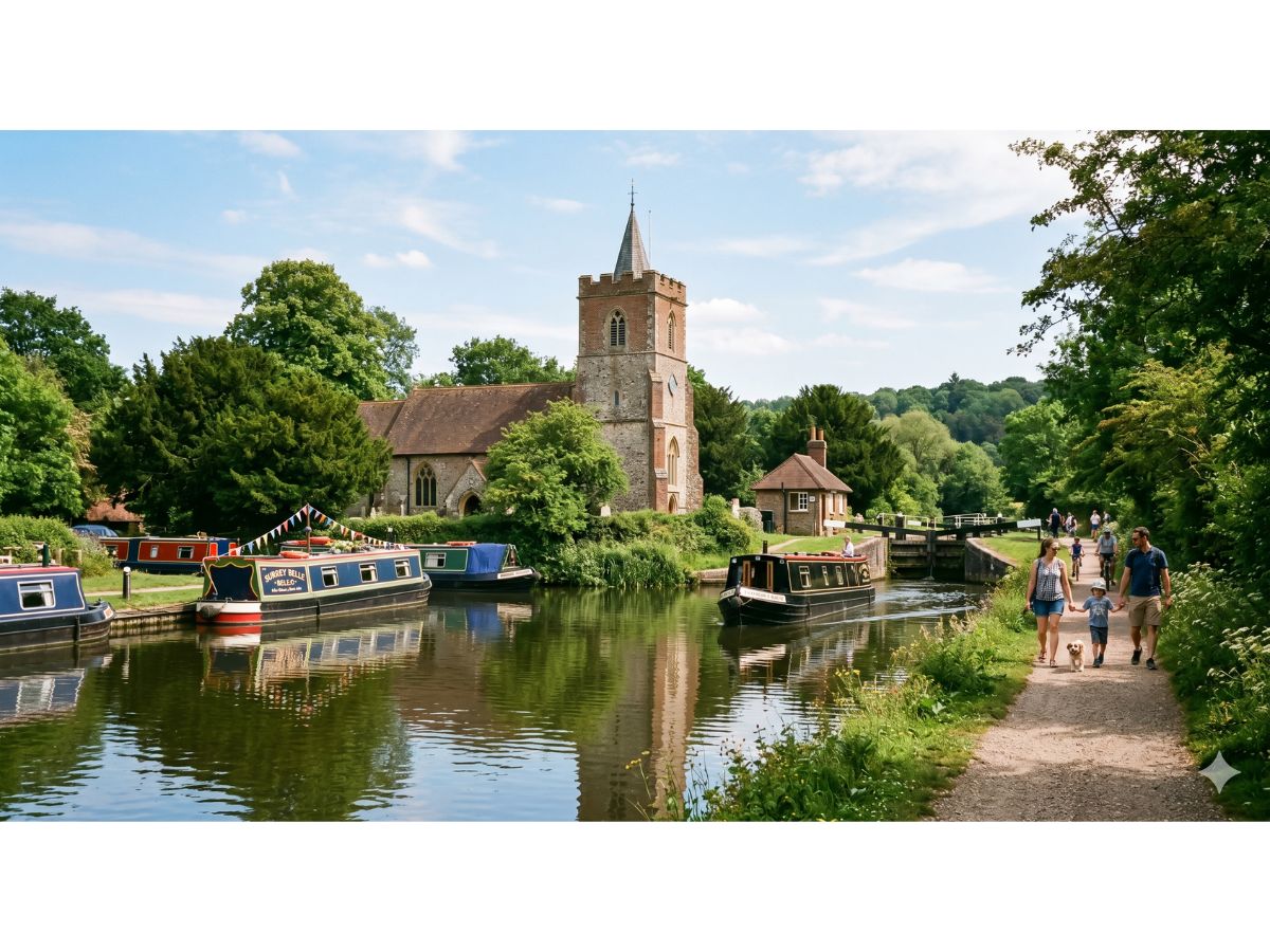 Narrowboats moored on the Basingstoke Canal at Ash Vale, Surrey, with St Peter's Church and canal lock gates visible on a sunny summer day