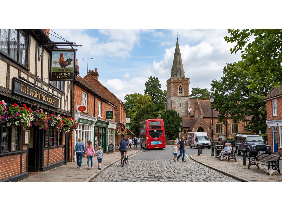Bagshot village high street in Surrey showing The Fighting Cocks pub, cobbled street and St Anne's Church — local area near hen party life drawing venue