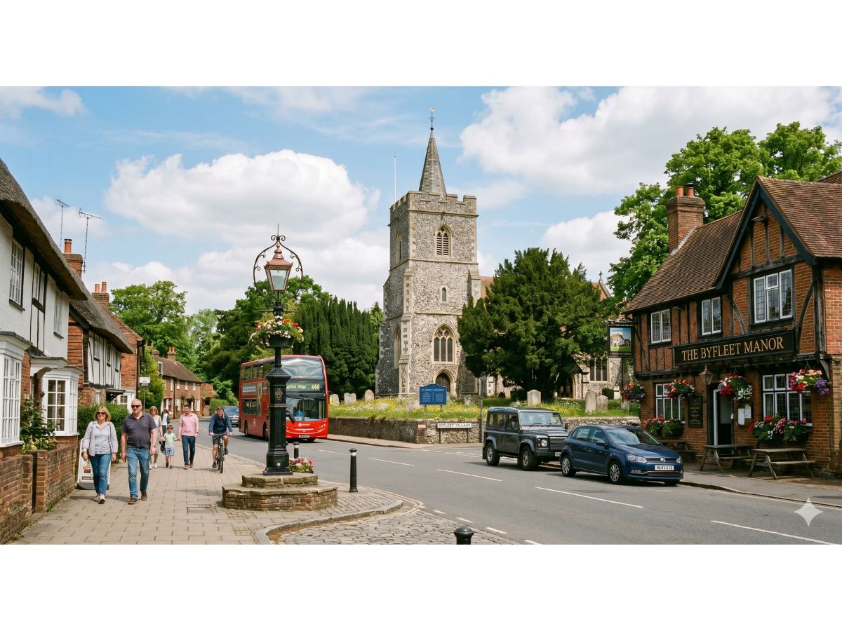 Byfleet village centre showing The Byfleet Manor pub, St Mary's Church, and the High Road on a sunny day in Surrey