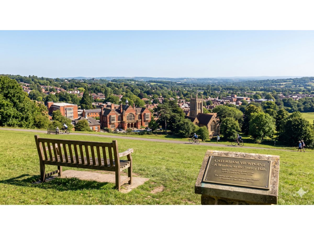 View from Caterham Viewpoint looking over the town and Surrey Hills countryside on a sunny day, with a wooden bench and stone marker reading Caterham Viewpoint — A Window to the Surrey Hills in the foreground