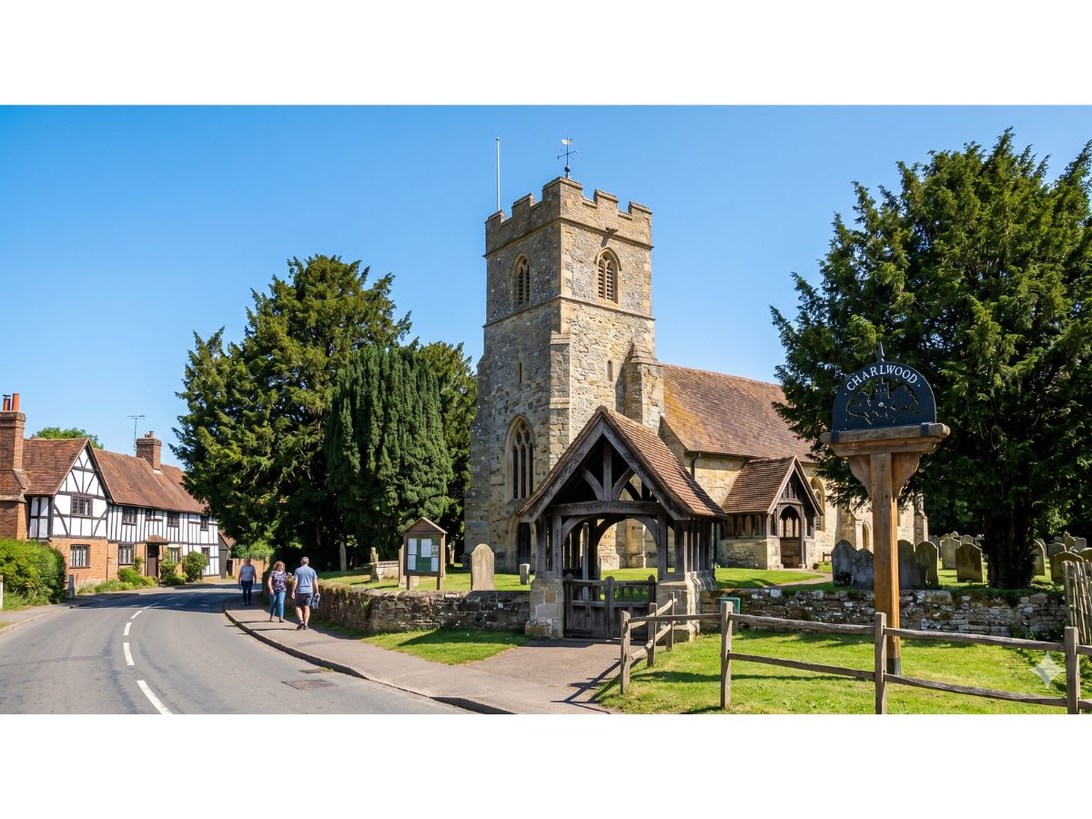 St Nicholas Church and village sign in Charlwood, Surrey, on a sunny summer day