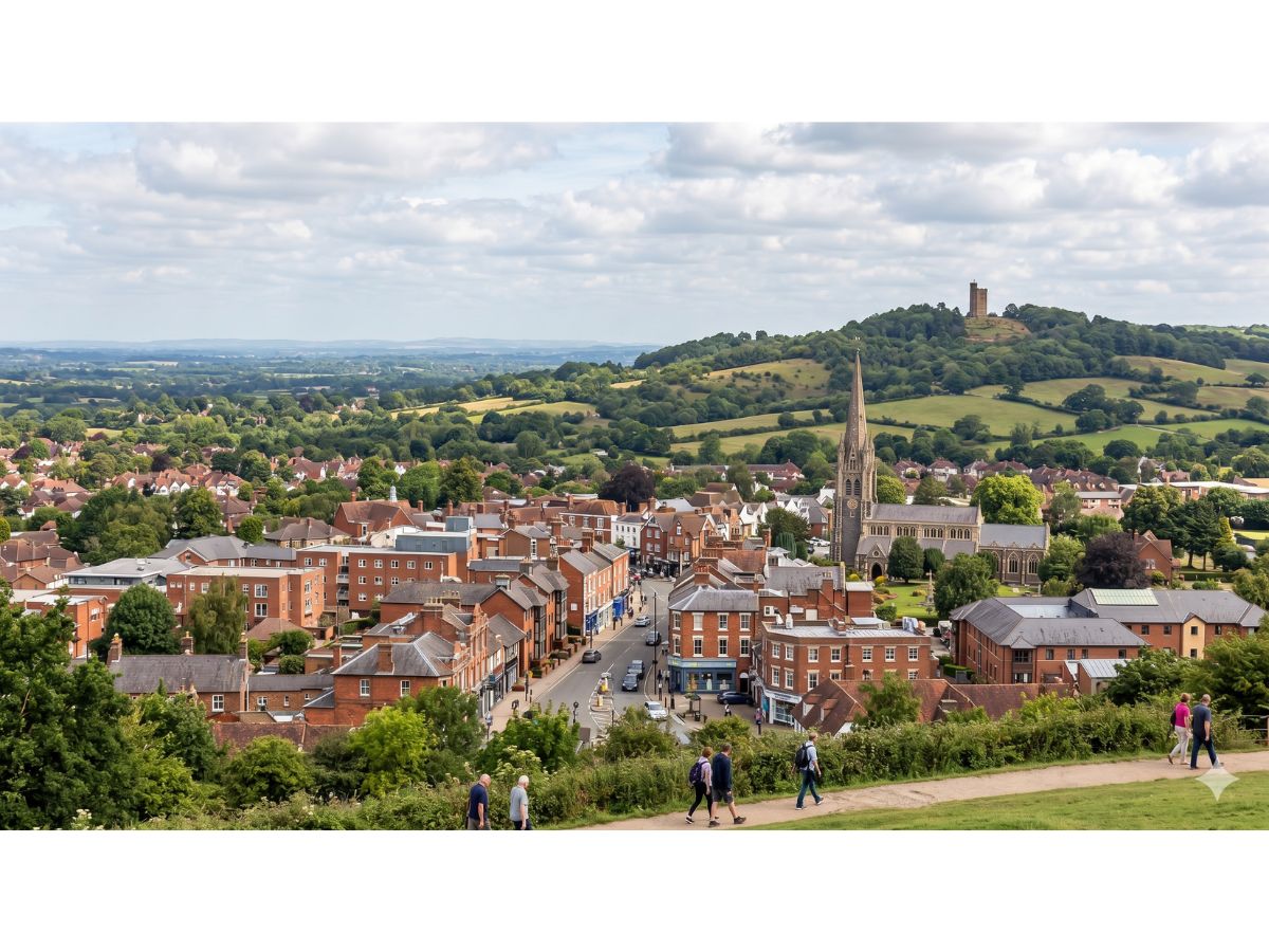 Aerial view of Dorking town centre, Surrey, showing the high street, St Martin's Church spire, and surrounding Surrey Hills countryside