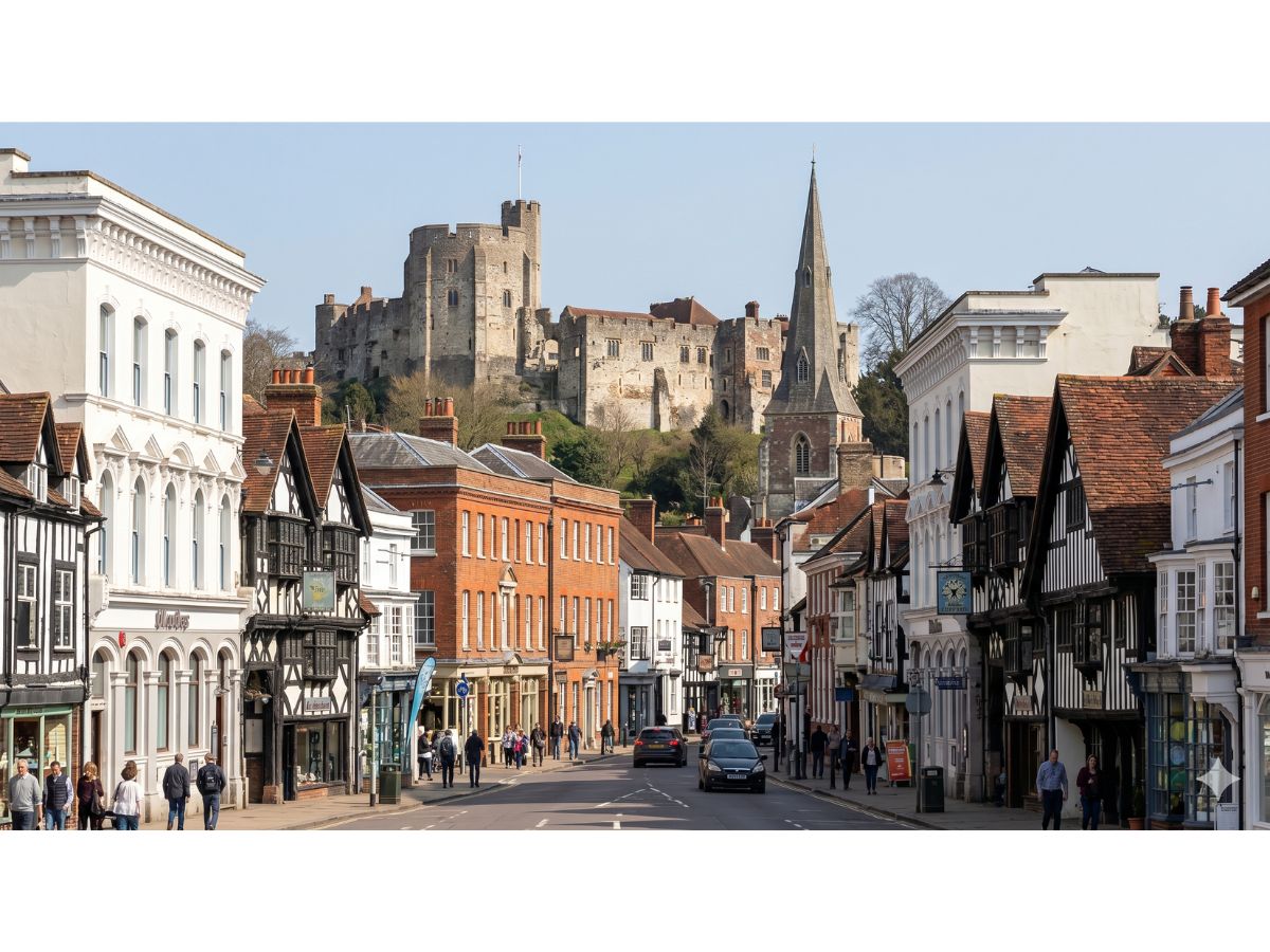 Farnham town centre in Surrey, with historic shopfronts lining the high street and Farnham Castle rising above the town