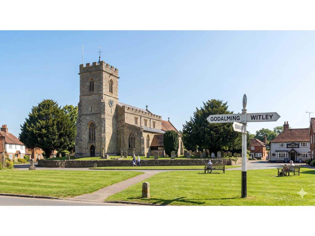 Milford village green in Surrey, with St John's Church and a fingerpost signpost pointing to Godalming and Witley