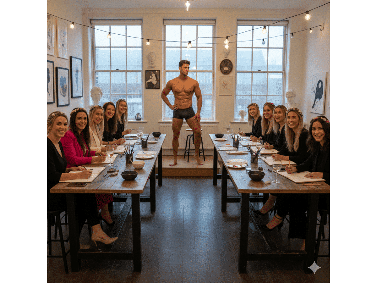 Guests enjoying a hen party life drawing in Oxted, Surrey