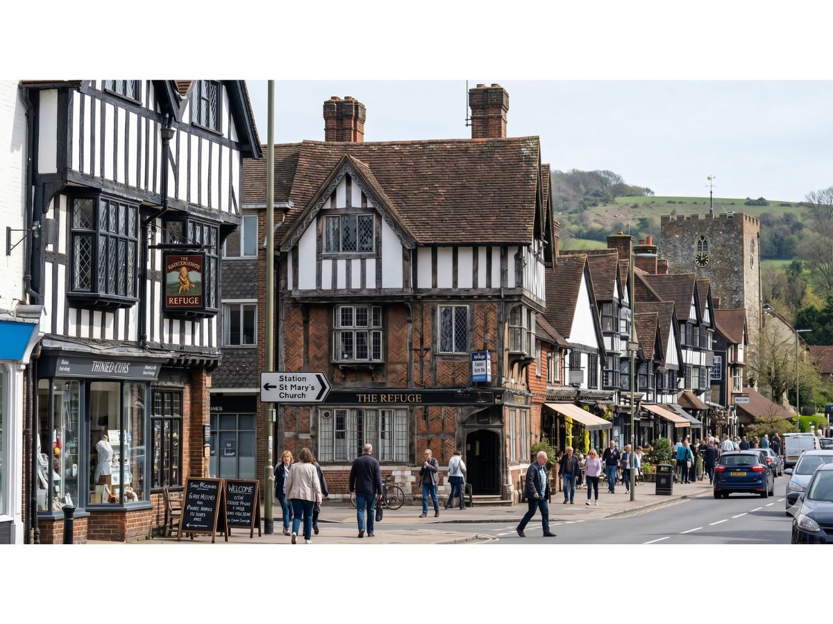Historic timber-framed Tudor buildings on Oxted High Street in Surrey, with shops, a corner pub and the North Downs rising behind