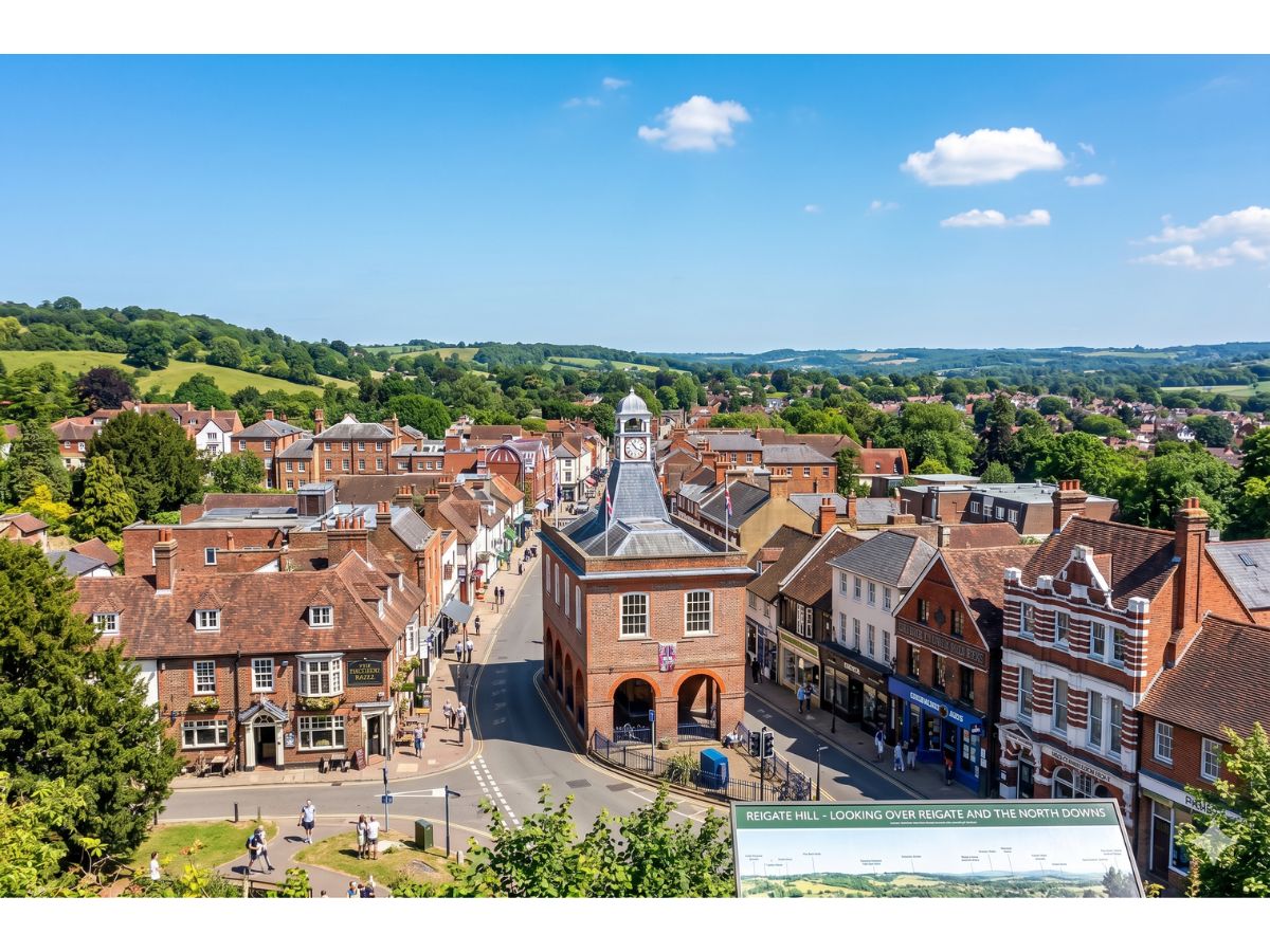 Aerial view of Reigate town centre and the historic Old Town Hall clock tower on the High Street, with the North Downs rising behind