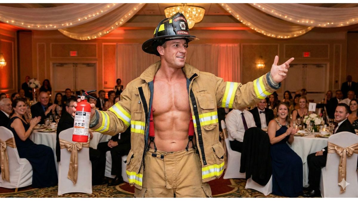 A male entertainer dressed as fireman at a corporate event in Surrey