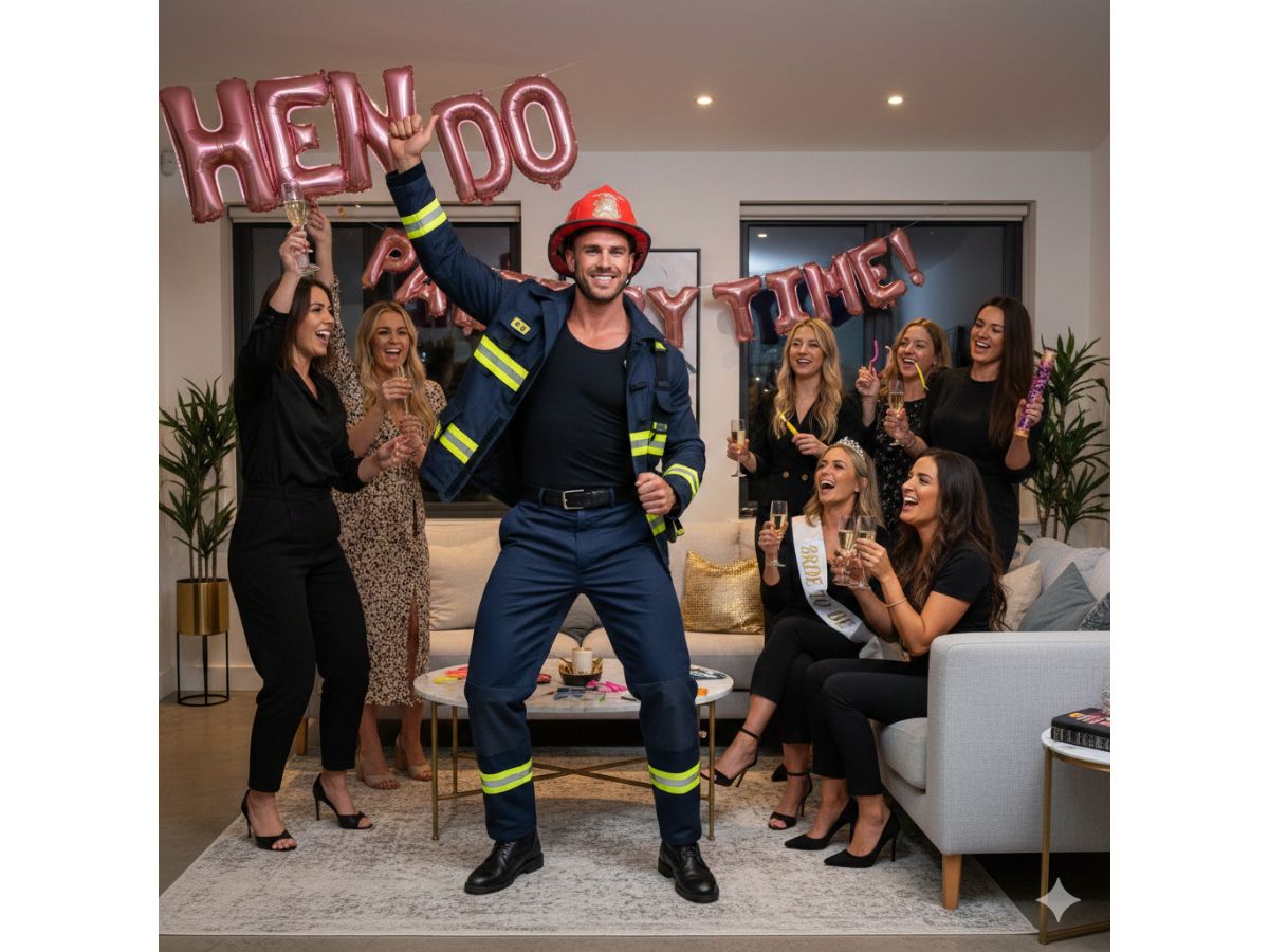 Professional male stripper performing at a hen party in Oxted, Surrey with bride and friends