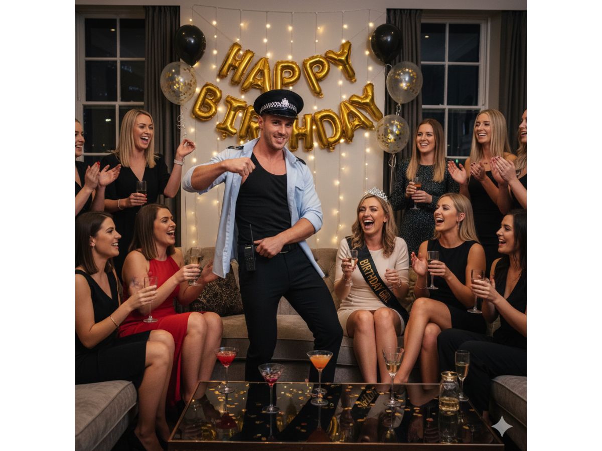 Male stripper performing at a private birthday party in Walton-on-Thames, Surrey with guests celebrating