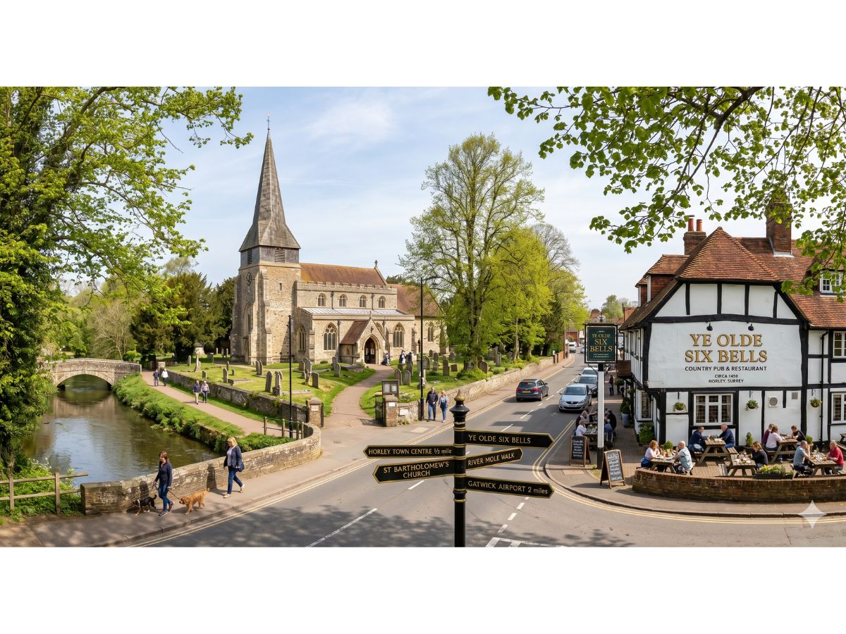 A scenic view of Horley, Surrey, featuring the historic Ye Olde Six Bells pub and St Bartholomew’s Church next to the River Mole on a sunny day.