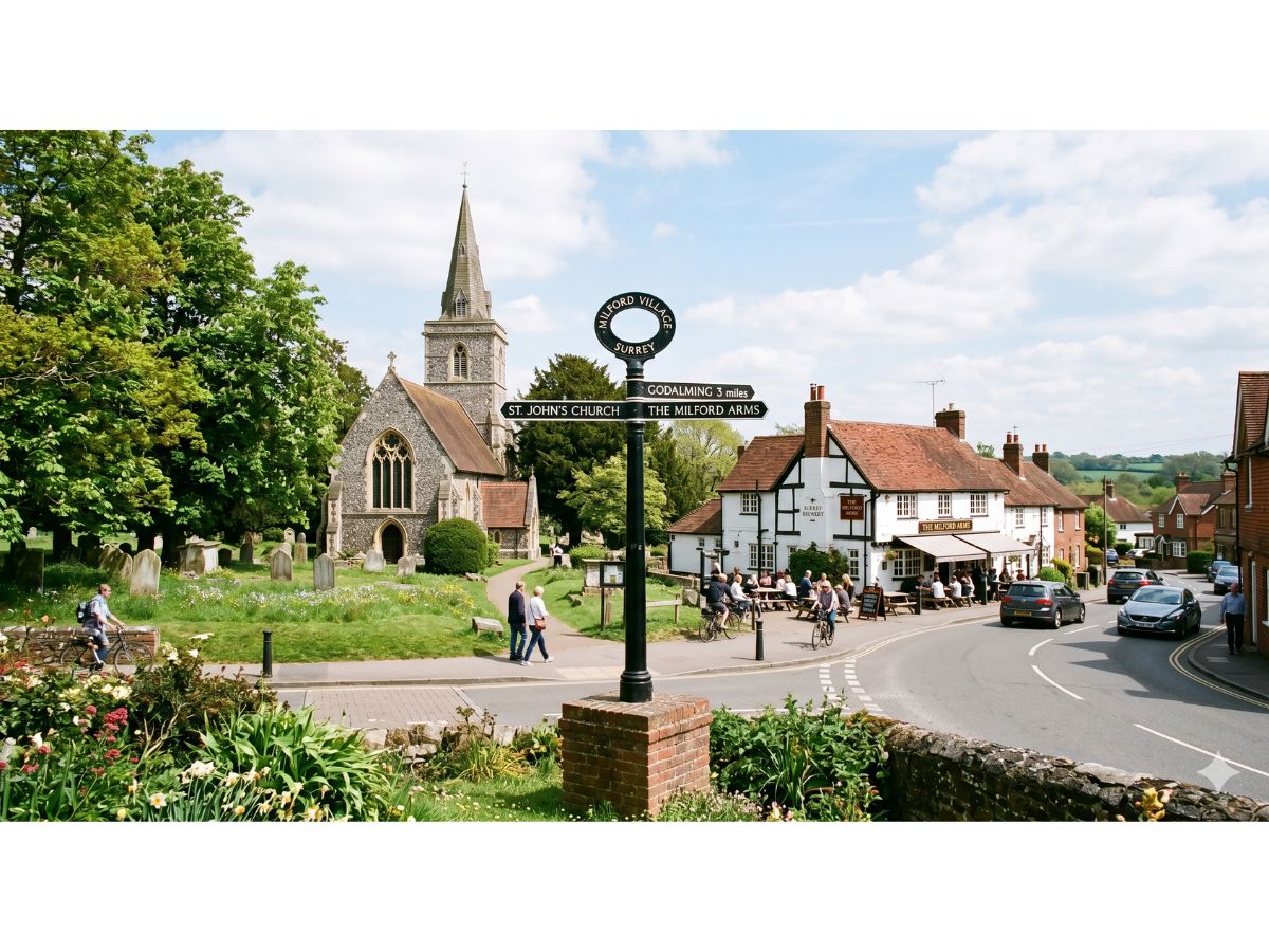 A picturesque landmark view of Milford Village, Surrey, featuring St John’s Church, the historic Milford Arms pub, and a traditional village signpost under a partly cloudy sky.
