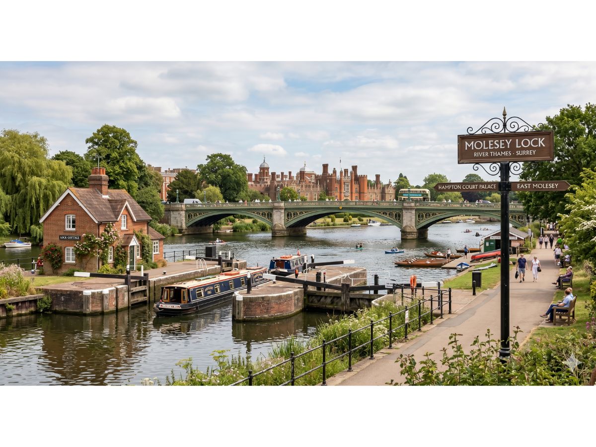 A picturesque landmark view of the River Thames in Surrey, featuring Molesey Lock with narrowboats, the ornate Hampton Court Bridge, and the historic red brick Hampton Court Palace in the background on a sunny day.