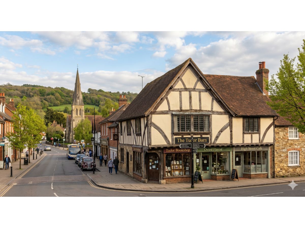 A view looking down the historic high street of Oxted, Surrey, featuring iconic half-timbered Tudor buildings, independent shops like a bookshop and café, the prominent spire of St Mary's Church, and a local bus, all set against rolling green hills on a sunny day.