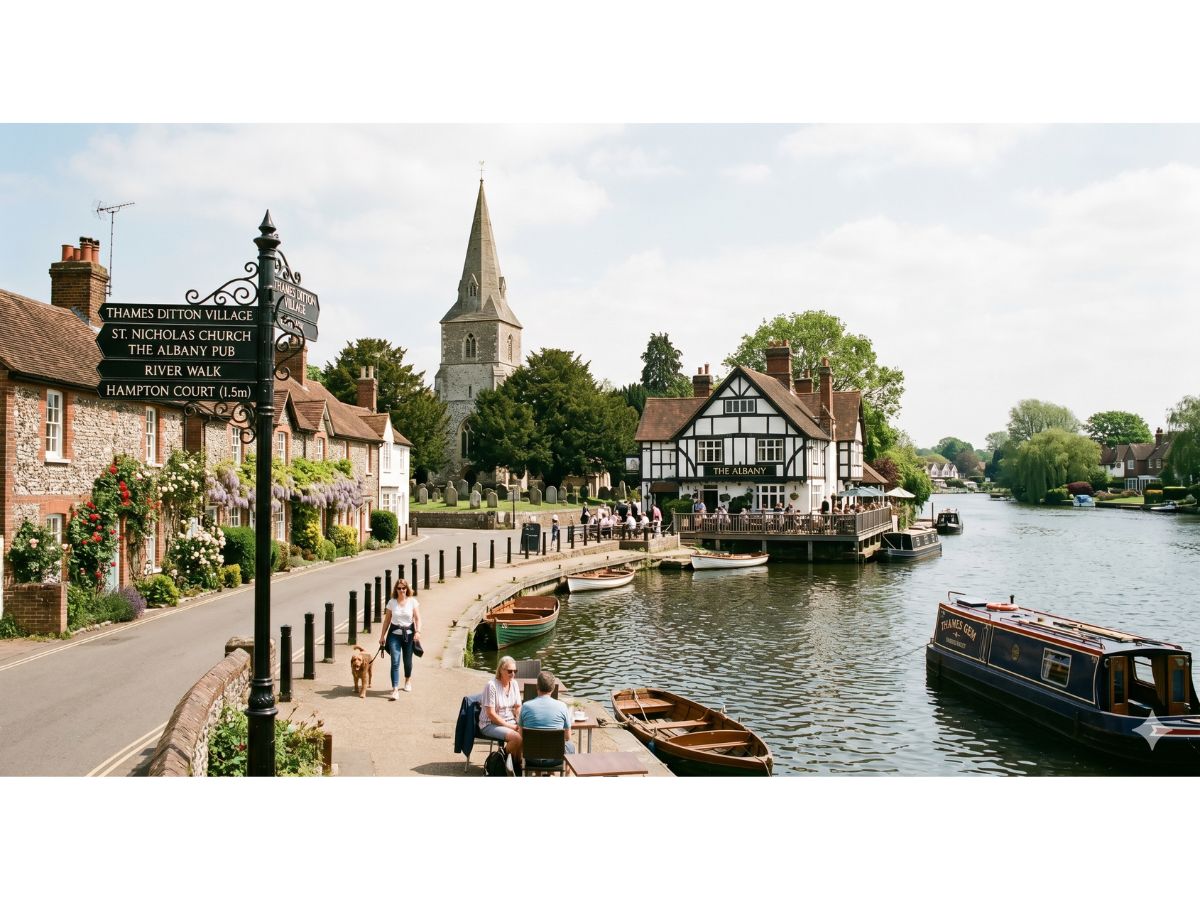 A picturesque landmark view of Thames Ditton, Surrey, featuring the traditional Albany Pub by the river, St Nicholas Church spire, narrowboats, and a signpost under a bright sky.