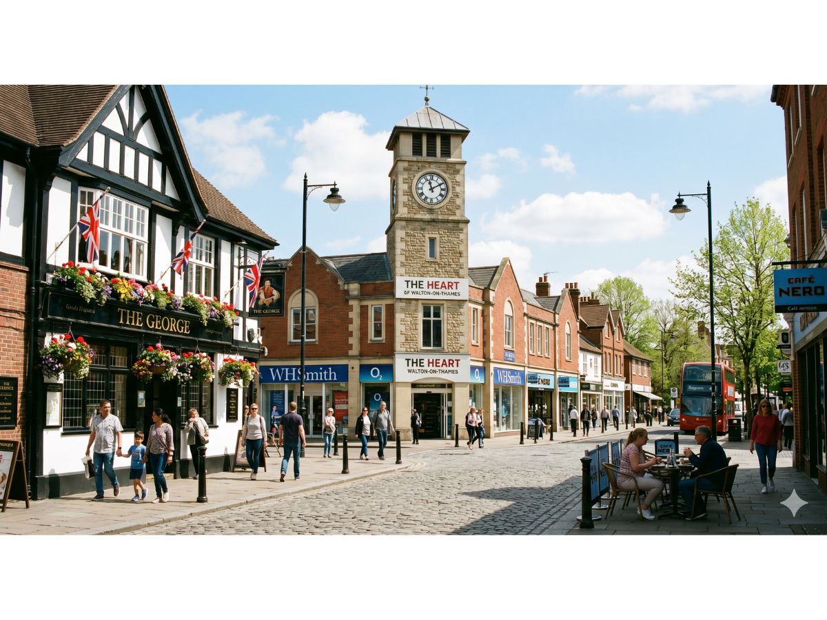 The Heart clock tower and town center high street in Walton-on-Thames, Surrey, featuring local shops and a traditional pub