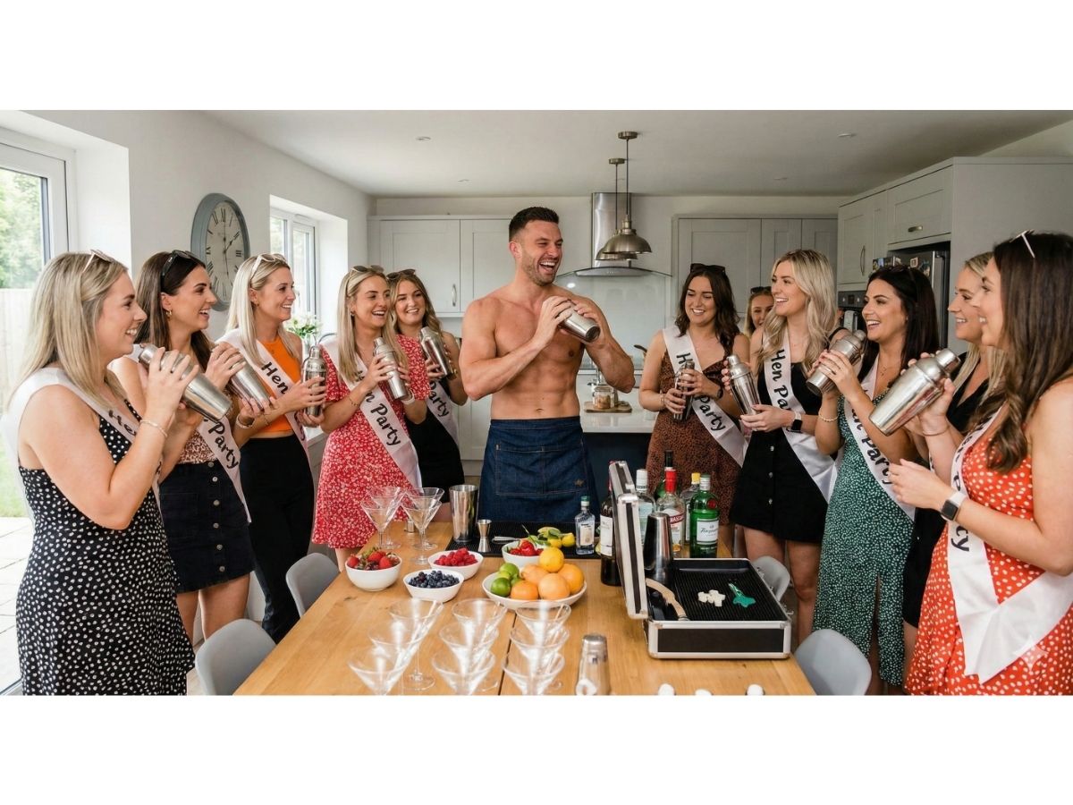 Guests at a mobile cocktail making class in Surrey